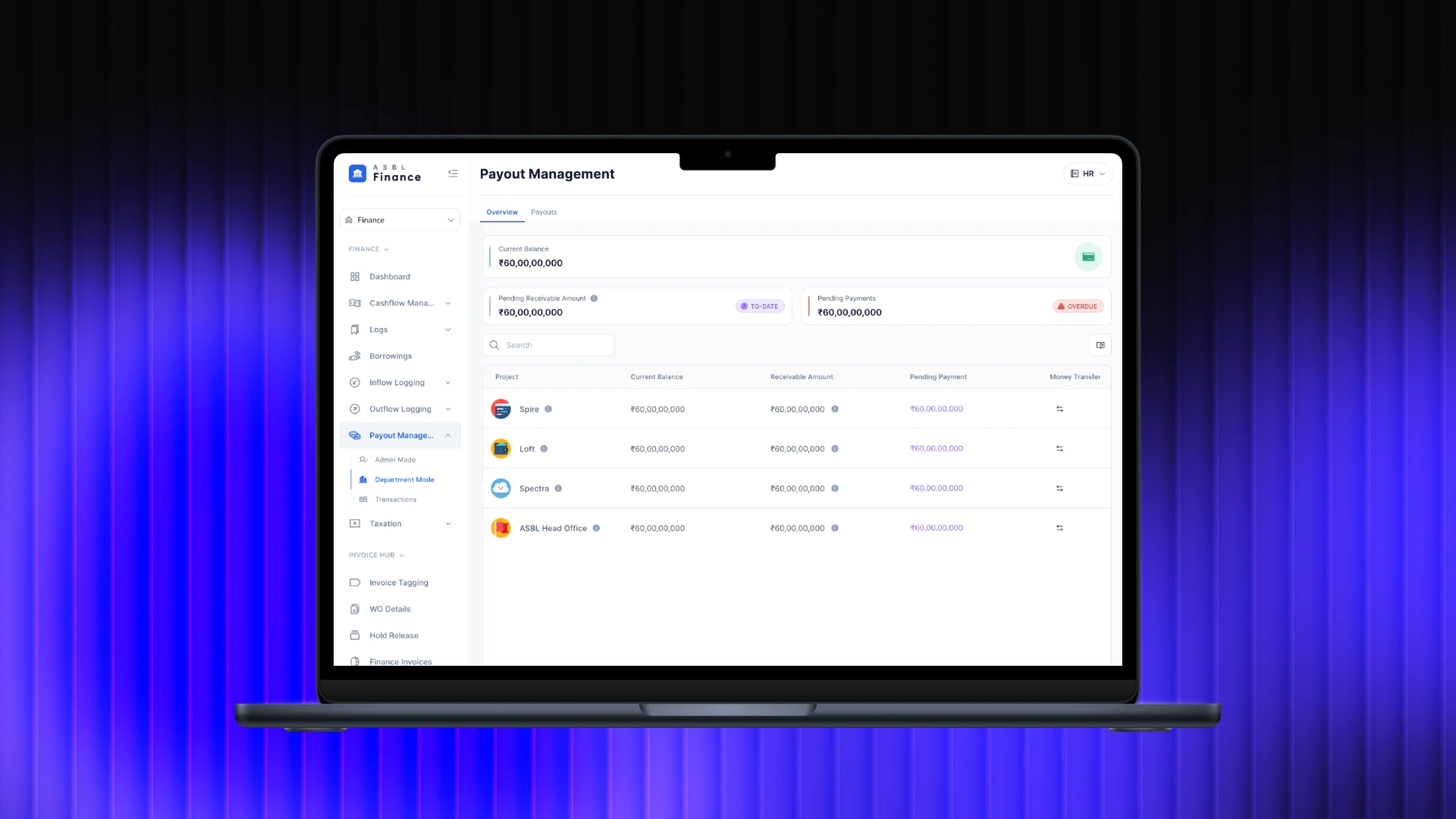 Payout Management dashboard on laptop